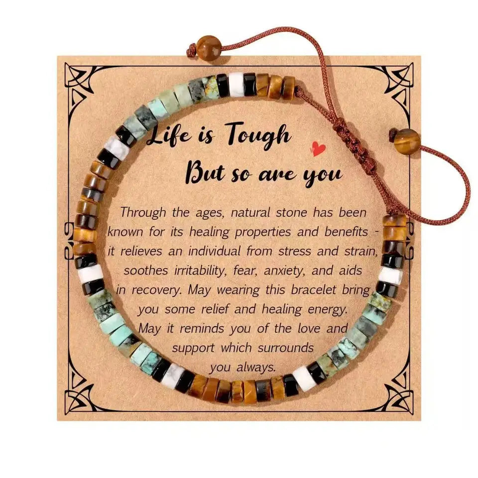 ✨ Natural Stone Beaded Woven Bracelet – Tiger’s Eye & Obsidian – Adjustable Unisex Couple Jewelry with Encouragement Blessing Card