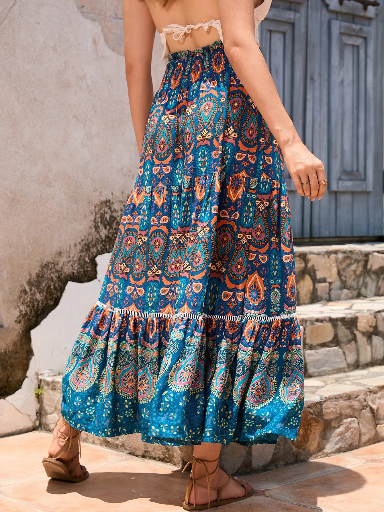 🛍️ Bohemian Printed Skirt – Ethnic Splicing A-Line Long Skirt for Women’s Holiday and Beach Travel