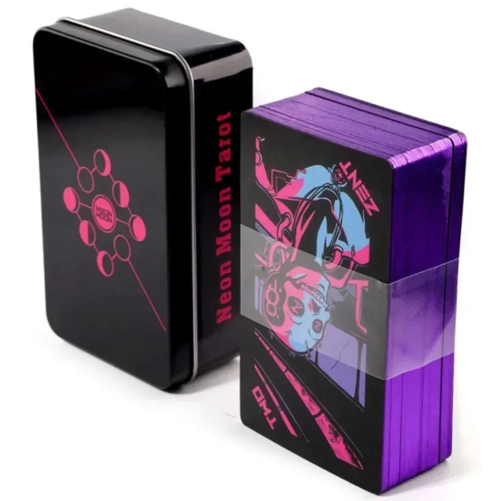 🌑 Neon Moon Tarot Deck – 78 Cards | Compact 10.3 x 6 cm | Includes Guidebook & Tin Box | Fusion of The Light Seers & Adventure Time Tarot | Family & Party Divination Game Fluorescence Yellow