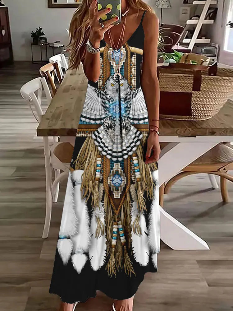 2024 New 3D Owl Vintage Print Dress for Women – Sleeveless Long Tribal Pattern Spaghetti Strap Summer Vest Dress BDQLTH248745515