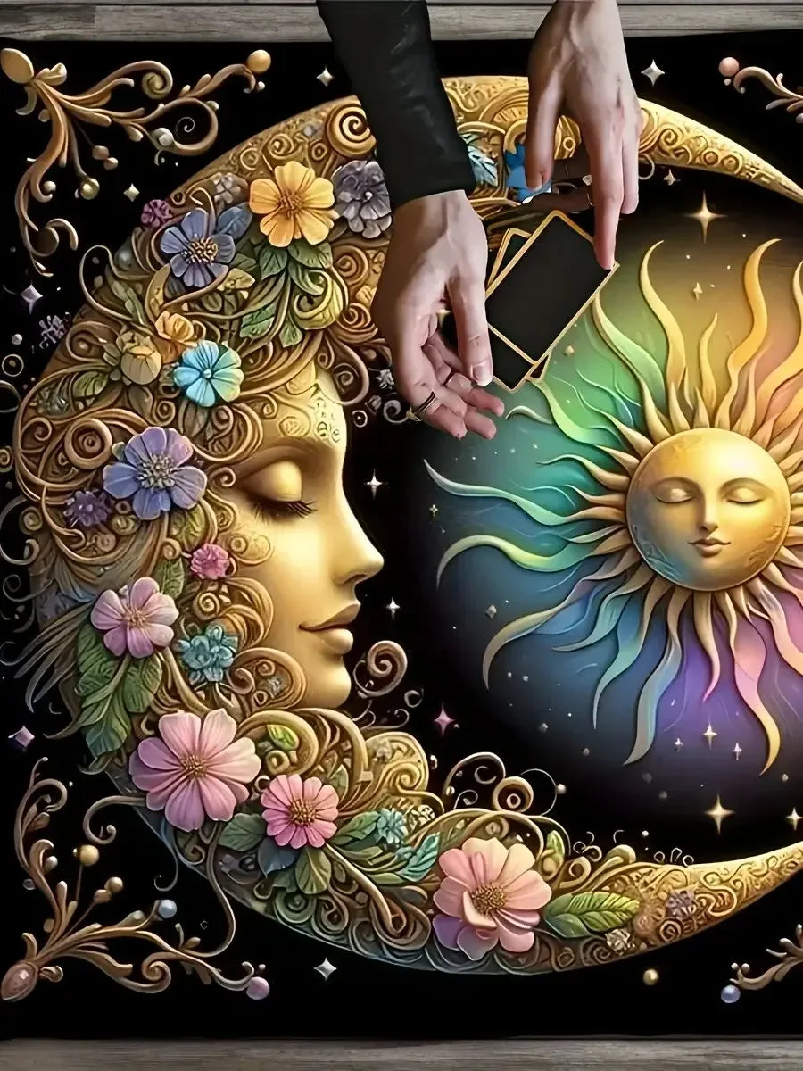 🃏 Elegant Sun & Moon Mandala Tarot Tablecloth – Starry Sky Witchcraft Altar Cloth for Astrology, Oracle Readings & Black Tarot Mat