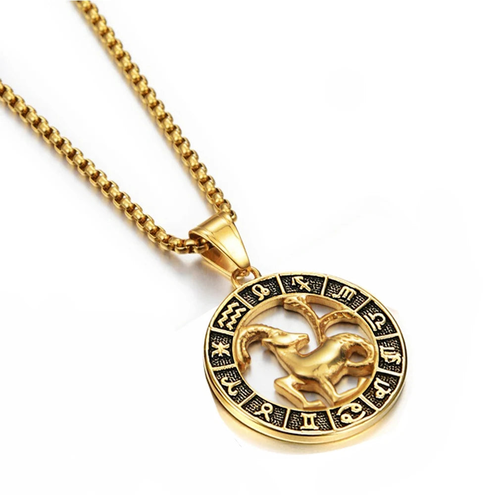 ♌♏ Zodiac Sign Leo Scorpio Pendant Necklace – Gold Color Stainless Steel Round 12 Constellation Design Unisex Astrology Jewelry Stylish Gift for Women and Men Capricorn Gold Color
