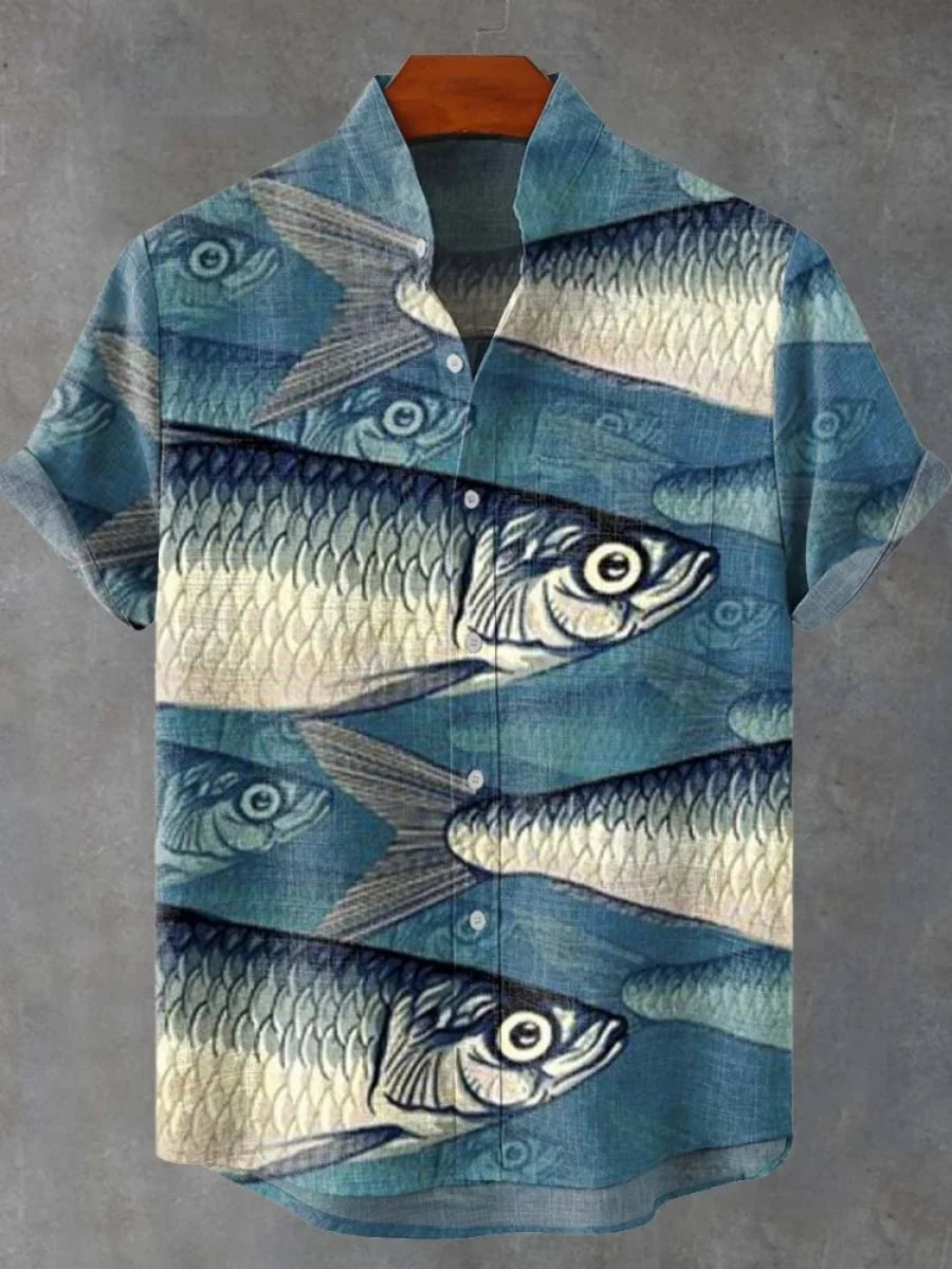 🌊 The Retro-Angler Heritage Shirt: Premium Men’s Vintage Fish-Print Casual Top – High-Definition Digital Print, Breathable Organic Cotton-Linen Blend, and Sophisticated Button-Down Short-Sleeve Silhouette SFQQQD791