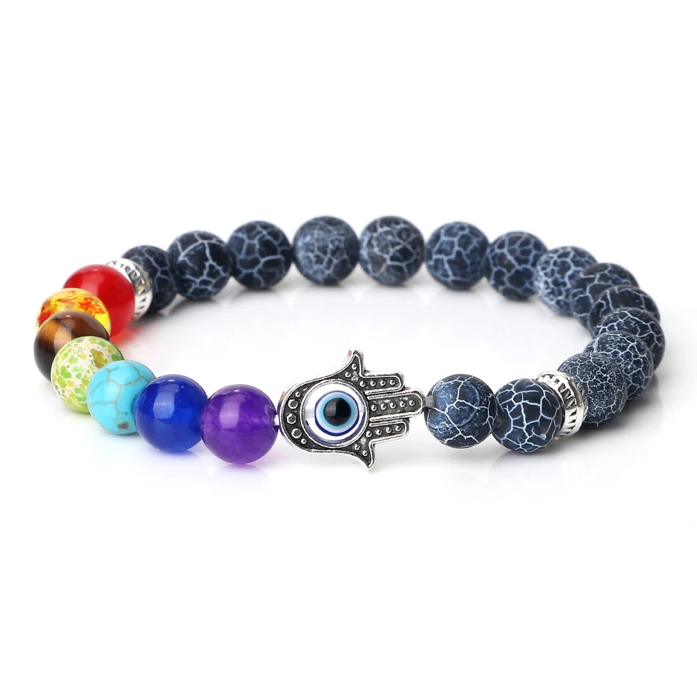 🧿 7 Chakra Protection Bracelet for Men: Natural Tiger Eye & Lava Stone with Evil Eye & Hamsa Hand – Anxiety Relief, Luck & Energy Healing Bangle Black Weathered