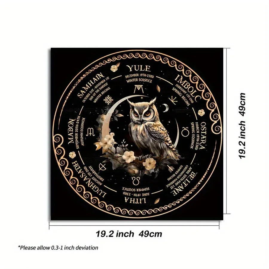 🦉Tarot Tablecloth | Astrology Wheel & Owl Design – Black Boho Witchcraft Dorm Decor with Sun and Moon Symbols DT250209000047