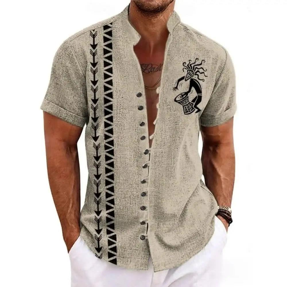 🗿 The Ethnic Totem Edition: Premium Men’s Modern-Retro Linen Shirt – High-Definition Tribal Totem Graphic Print, Breathable Organic Cotton-Linen Blend, and Sophisticated Urban-Casual Short-Sleeve bkcs9
