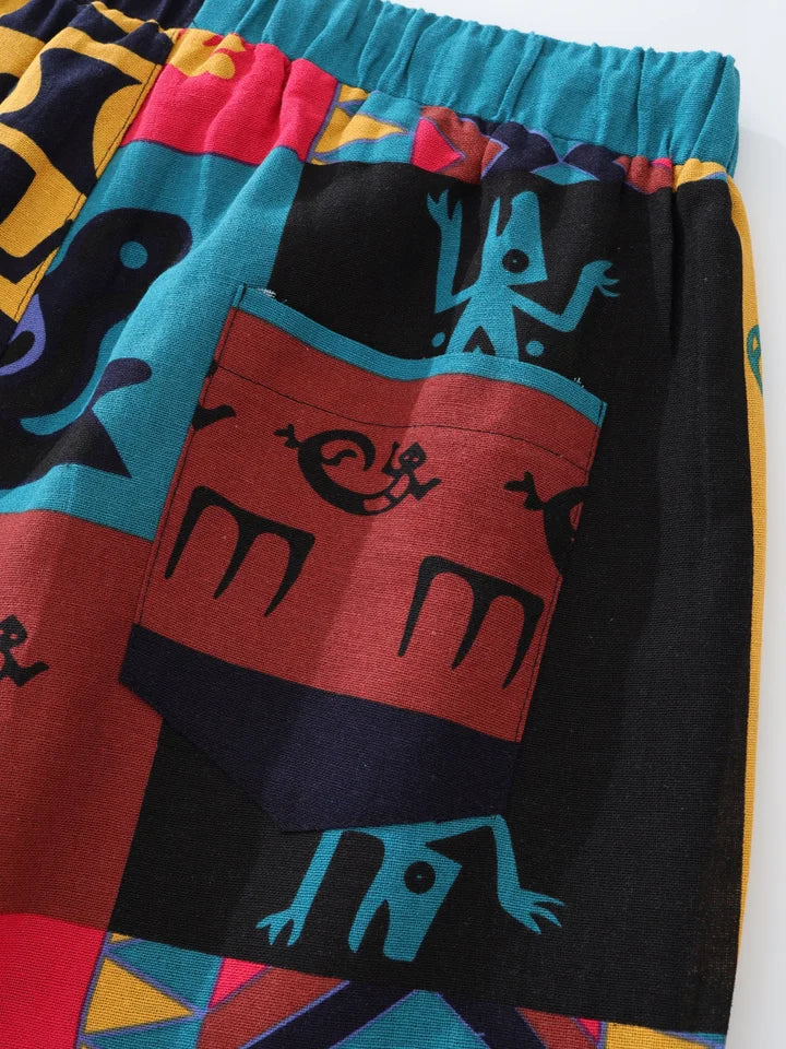 🌍 The Boho-Tribal Heritage Jogger: Premium Men’s Cotton-Linen Stretch Pants – High-Definition Tribal Graphic Print, Lightweight Breathable Fabric with Deep Pockets and Signature Drawstring Waist