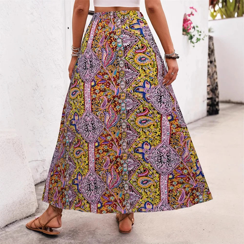 👗&nbsp;Bohemian Boho Retro Floral Print Skirts – Women’s Indie Folk Summer High Waist A-Line Pleated Long Skirts