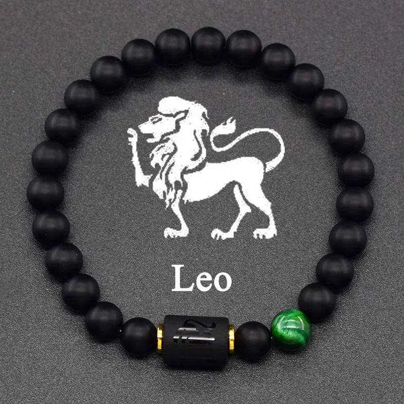✨ 12 Zodiac Constellation Signs Bracelet – Tiger Eye & Sparrow Picture Stone Beads – Virgo Charm Couple Jewelry for Men & Women 28 Leo 8 mm Beads