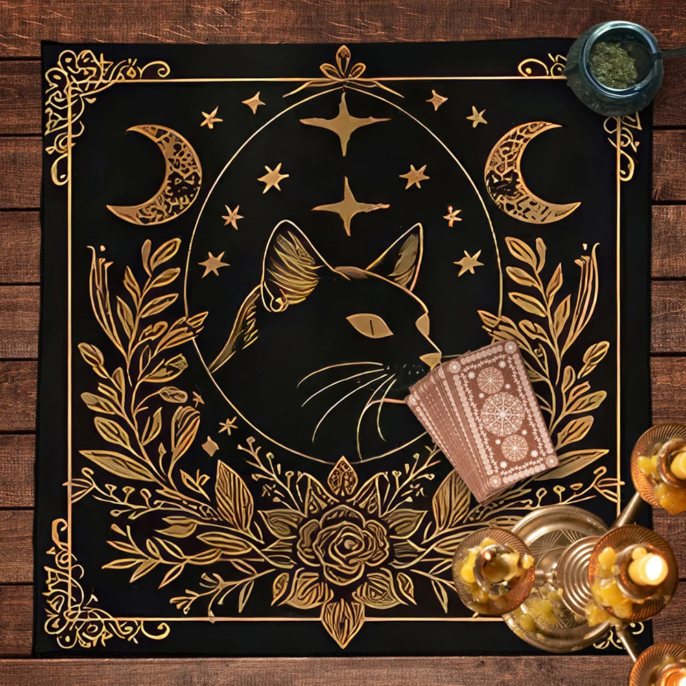 🔮Colorful Mandala Black Cat Altar Cloth – Tarot Tablecloth with Moon & Starry Sky for Witchcraft, Divination & Mystical Home Decor TLB (773)