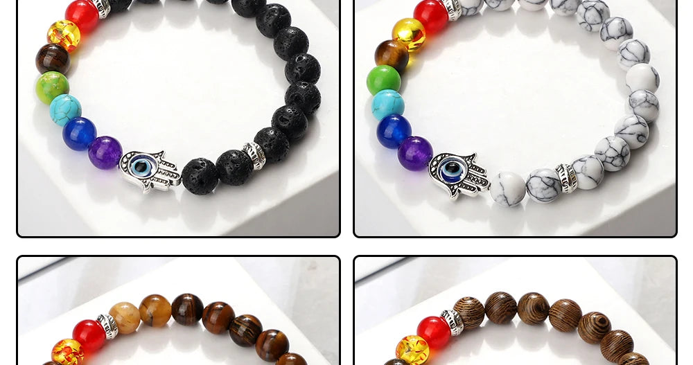 🧿 7 Chakra Protection Bracelet for Men: Natural Tiger Eye & Lava Stone with Evil Eye & Hamsa Hand – Anxiety Relief, Luck & Energy Healing Bangle