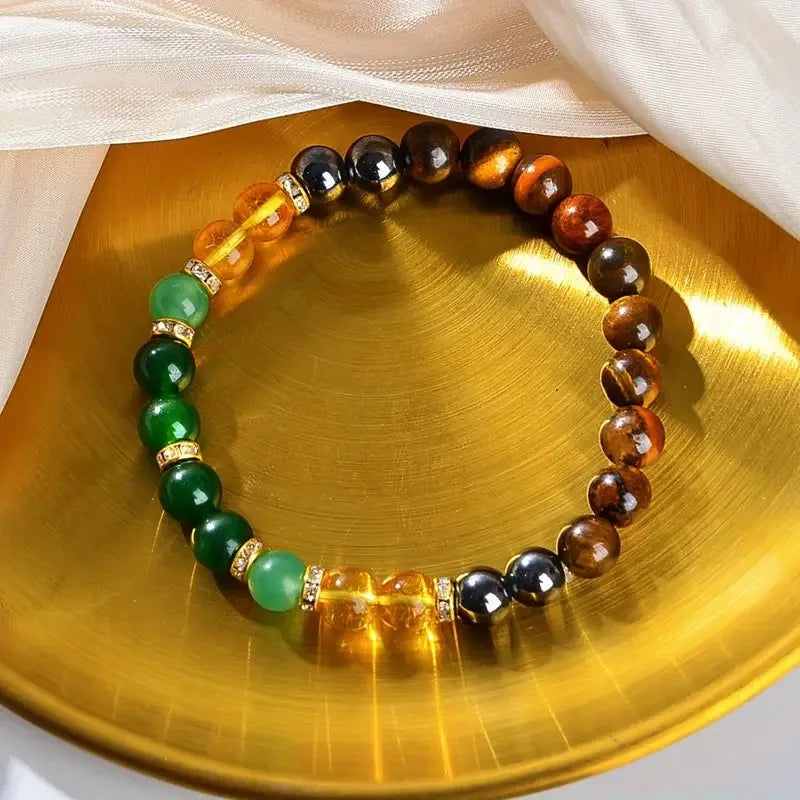 ✨ Lucky Money Attracting Natural Stone Bracelet – Tiger’s Eye, Green Donglin, and Yellow Crystal String Bracelet for Men & Women – Stress-Relief & Prosperity