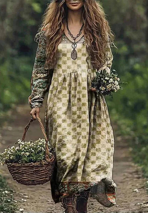 🛍️ Casual Women’s Vintage Printed Dress – V-Neck, Long Sleeves, Loose Large Swing Dress for Spring & Autumn 1