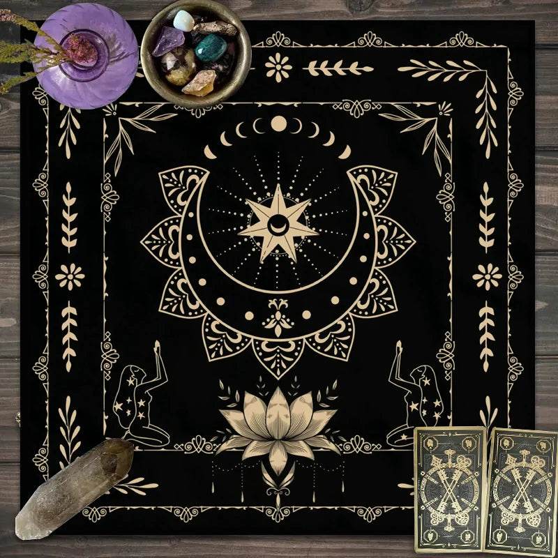 Black and gold astrology tarot tablecloth with crescent moon star lotus mirrored figures and crystals and tarot cards