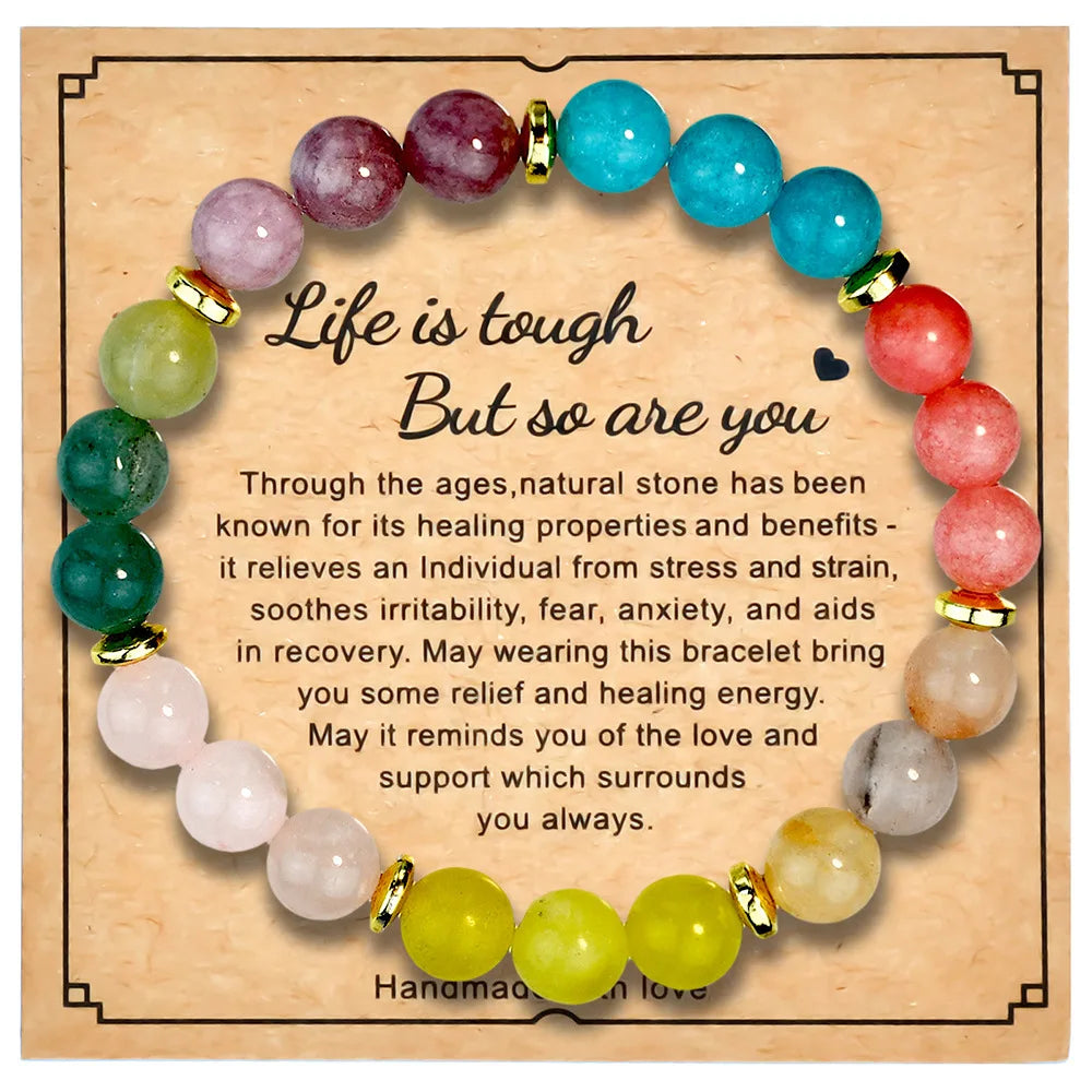 ✨ 7 Chakra Yoga Meditation Bracelet – Natural Aquamarine Stone Bangle for Men & Women – Includes Encouraging Words Card, Healthy Healing Jewelry