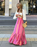 Women's Bohemian Summer Skirt - A-line Beach Holiday Print Lace-up High Waist Casual Skirt Pink