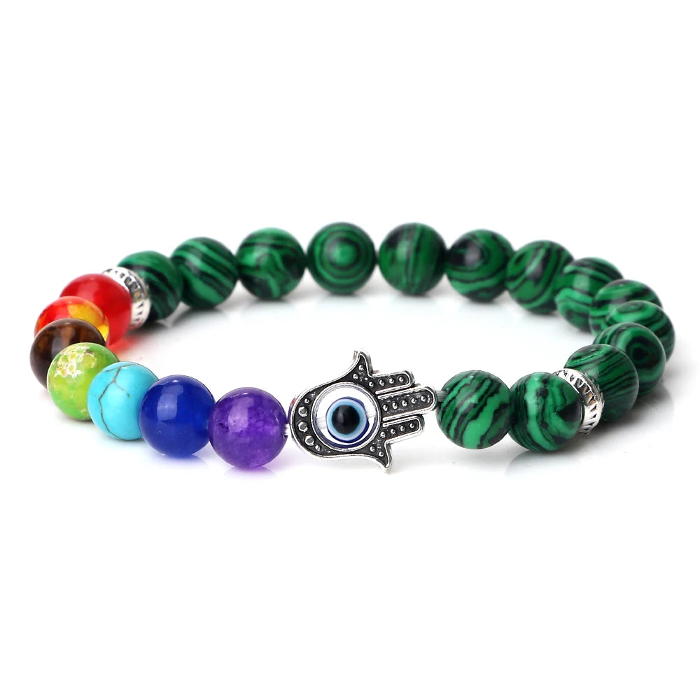 🧿 7 Chakra Protection Bracelet for Men: Natural Tiger Eye & Lava Stone with Evil Eye & Hamsa Hand – Anxiety Relief, Luck & Energy Healing Bangle Malachite