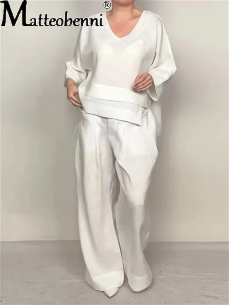 🌿 The Ethereal Asymmetry Set: Premium Women’s 2-Piece Cotton-Linen Ensemble – Avant-Garde Asymmetric Tunic, Three-Quarter Sleeve Comfort, High-Waist Wide-Leg Trousers, and Sophisticated Breathable Summer Lounge Set (S-3XL)