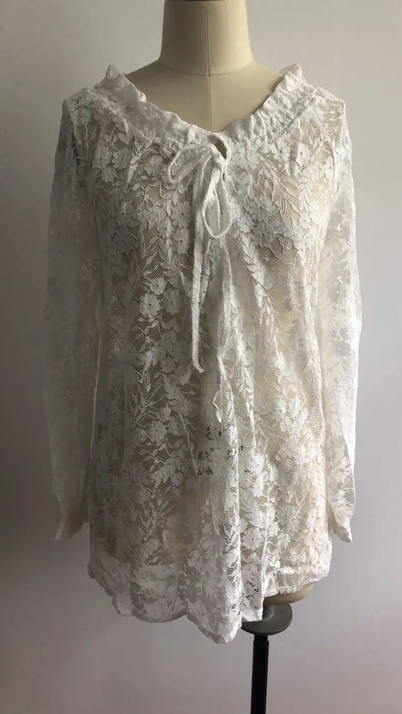 2025 Women's Boho Lace Blouse - Elegant Deep V Neck Pullover Top for Spring Summer Casual Wear