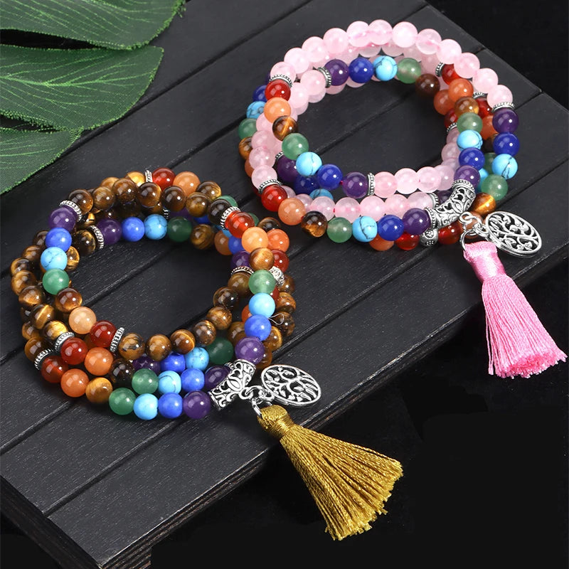 📿 108 Bead Rose Quartz & Tiger Eye Mala: 7 Chakra Healing Wrap Bracelet & Necklace – Heart Healing, Confidence & Meditation Prayer Beads