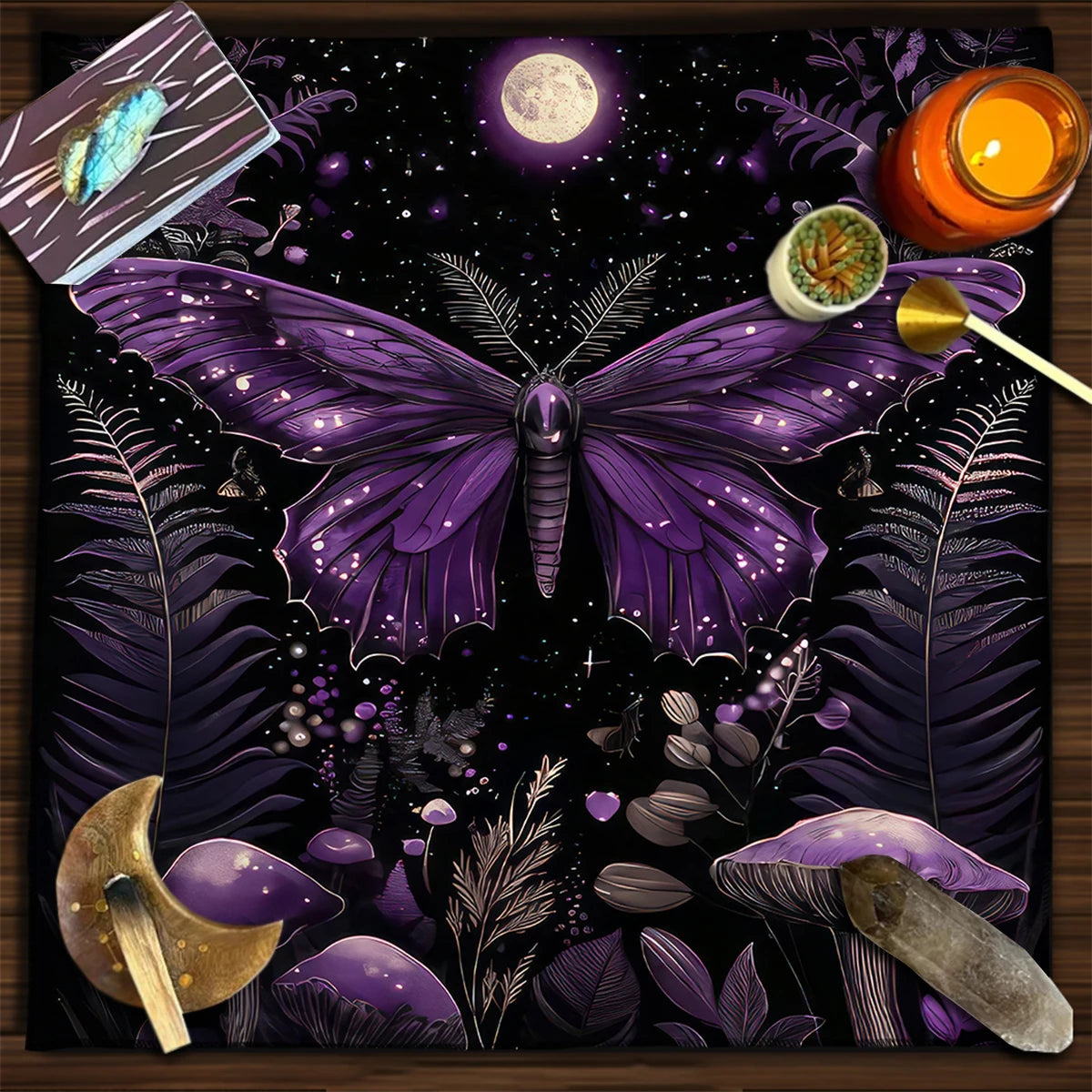🦋Mystical Purple Butterfly Tarot Tablecloth | Altar Cloth with Moonlight Mushrooms & Plants – Witchcraft Astrology Tarot Cloth for Home Decor TLB (899)