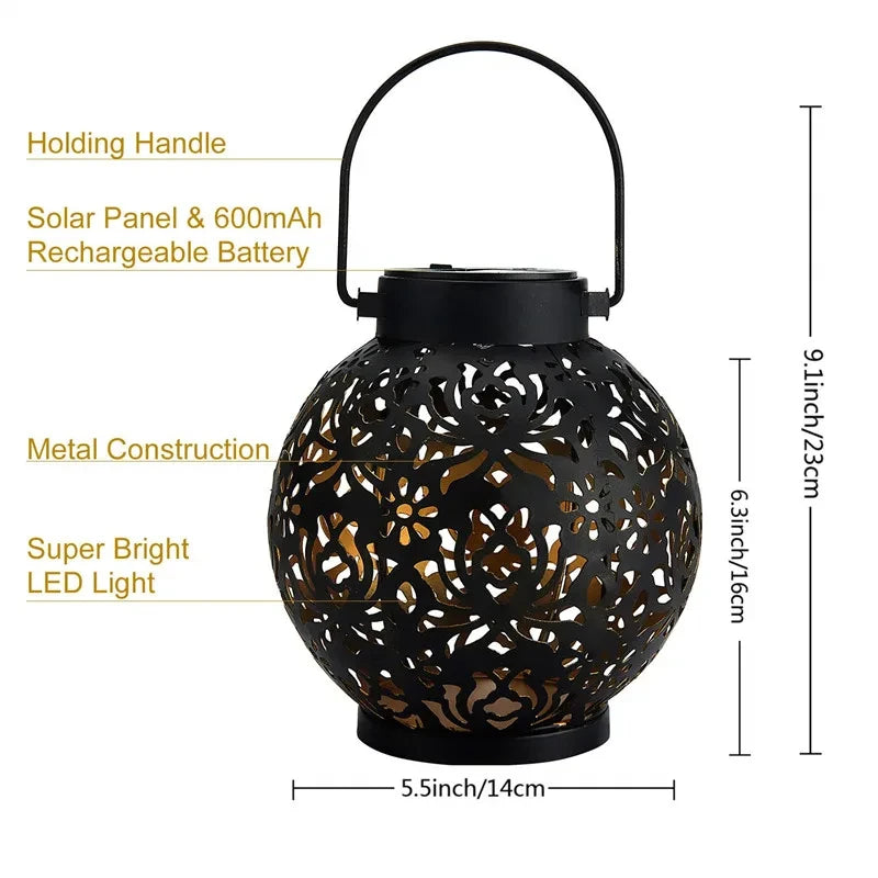 Solar LED Lantern with Hollow Wrought Iron Design – Waterproof Outdoor Hanging Projection Lamp for Garden and Yard Decor