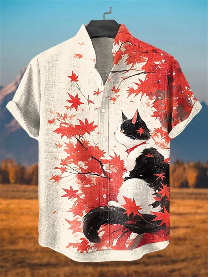 ⚔️ The Neko-Warrior Heritage: Premium Men’s 3D Samurai Cat Linen Shirt – High-Definition Plum Blossom Graphic Print, Breathable Organic Cotton-Linen Blend, and Sophisticated Harajuku-Inspired Summer Button-Down