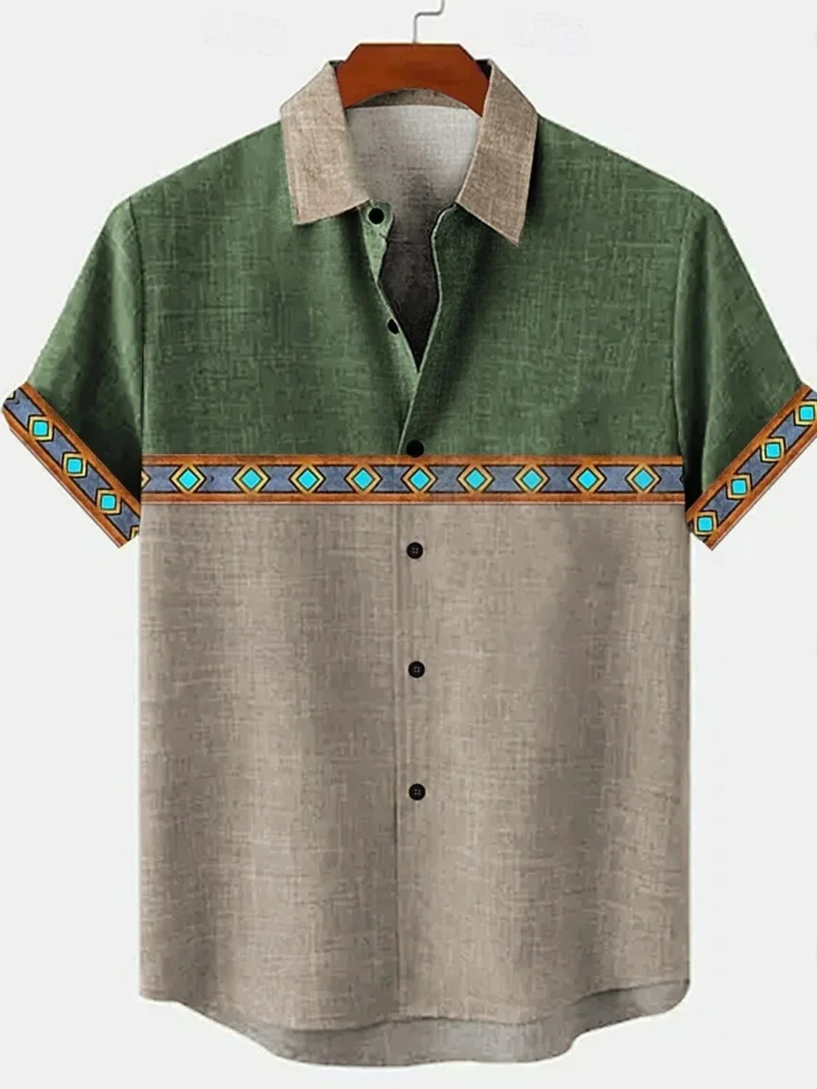 🌍 The Ethno-Vintage Heritage Shirt: Premium Men’s Organic Linen Hawaiian Top – High-Definition Tribal Artistic Print, Breathable Short-Sleeve Casual Button-Down, and Sophisticated Street-Style Silhouette ZT252