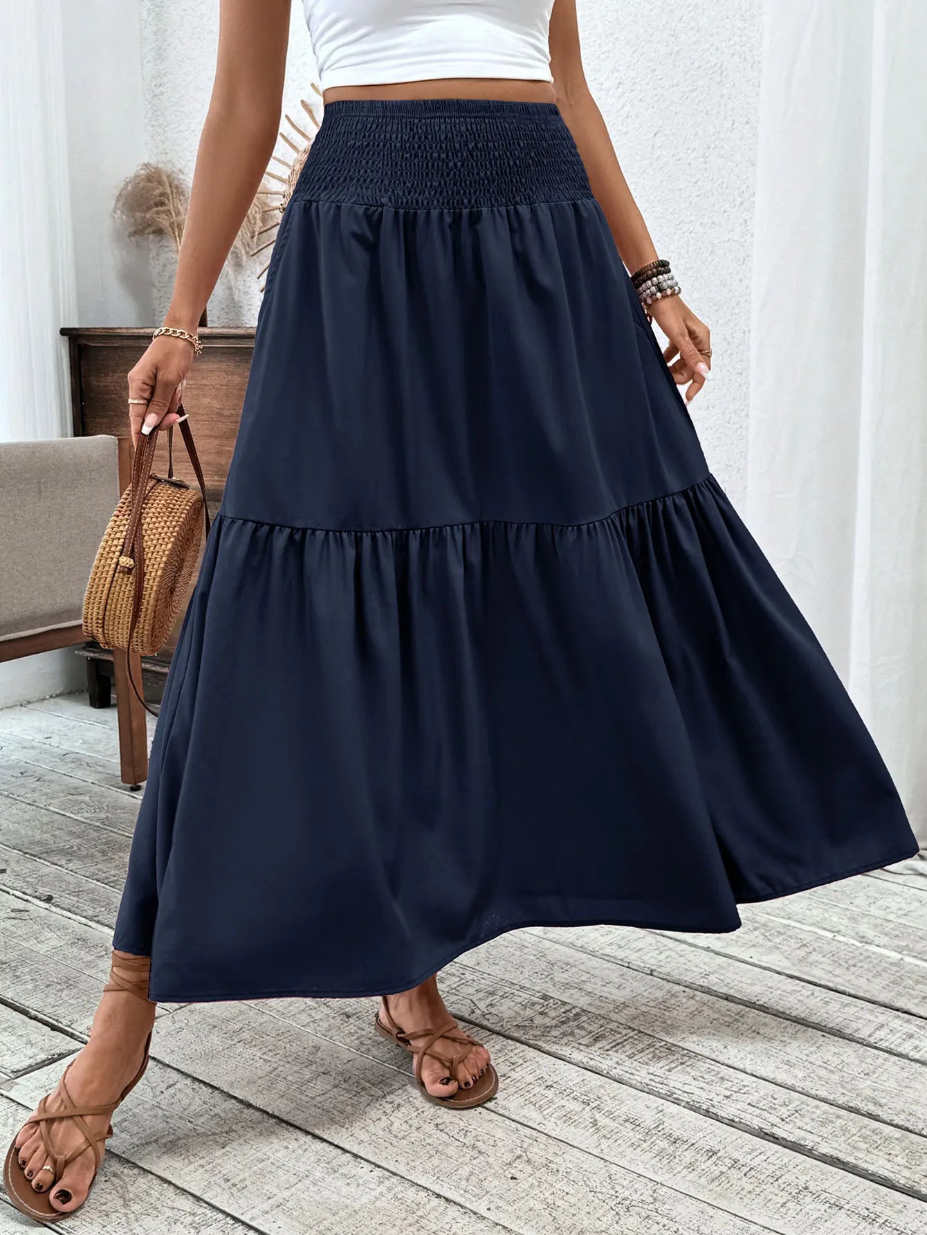 Women Floral Pleated Skirt – Retro High Waist Long Skirt for Stylish Casual Beach Wear Beige