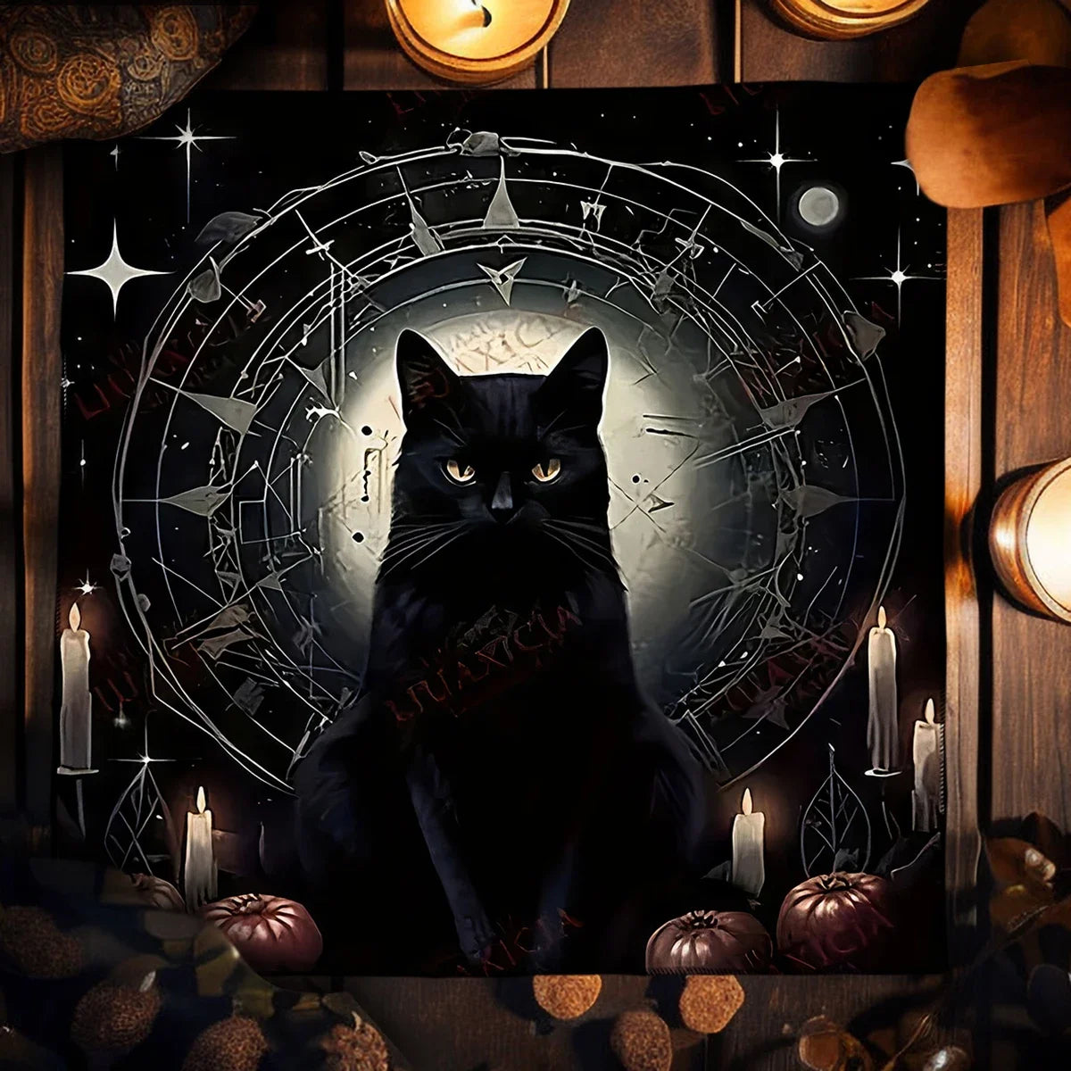 🌑Altar Table Cloth | Witchcraft Black Cat & Star Design | Tarot & Astrology Oracle Cards Pad | Home & Room Decor