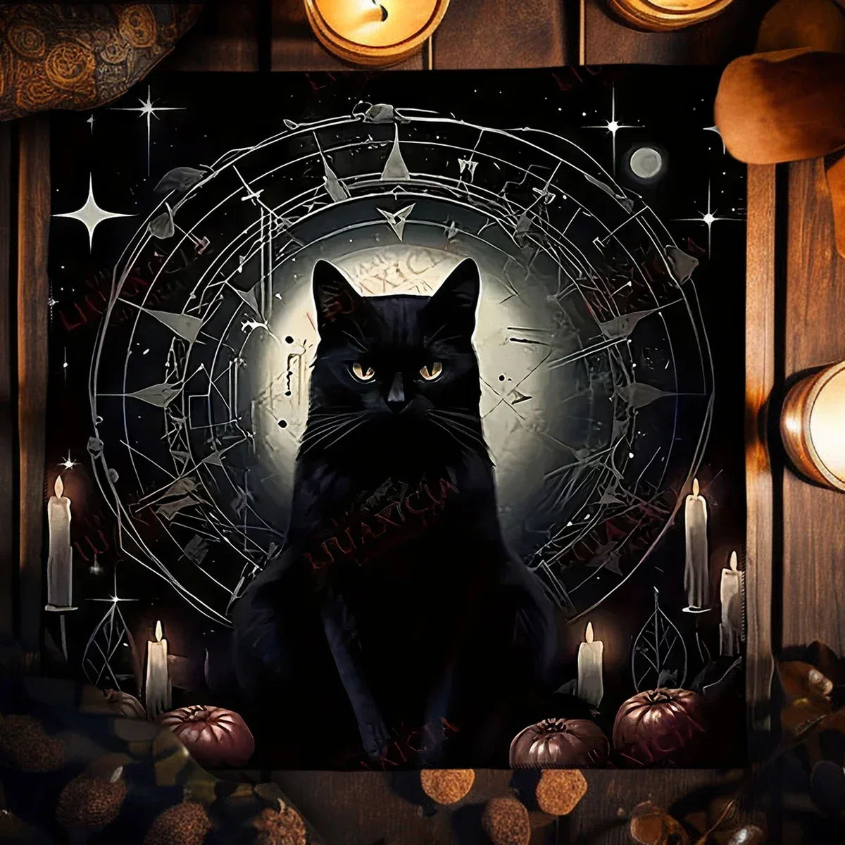🌑Altar Table Cloth | Witchcraft Black Cat & Star Design | Tarot & Astrology Oracle Cards Pad | Home & Room Decor