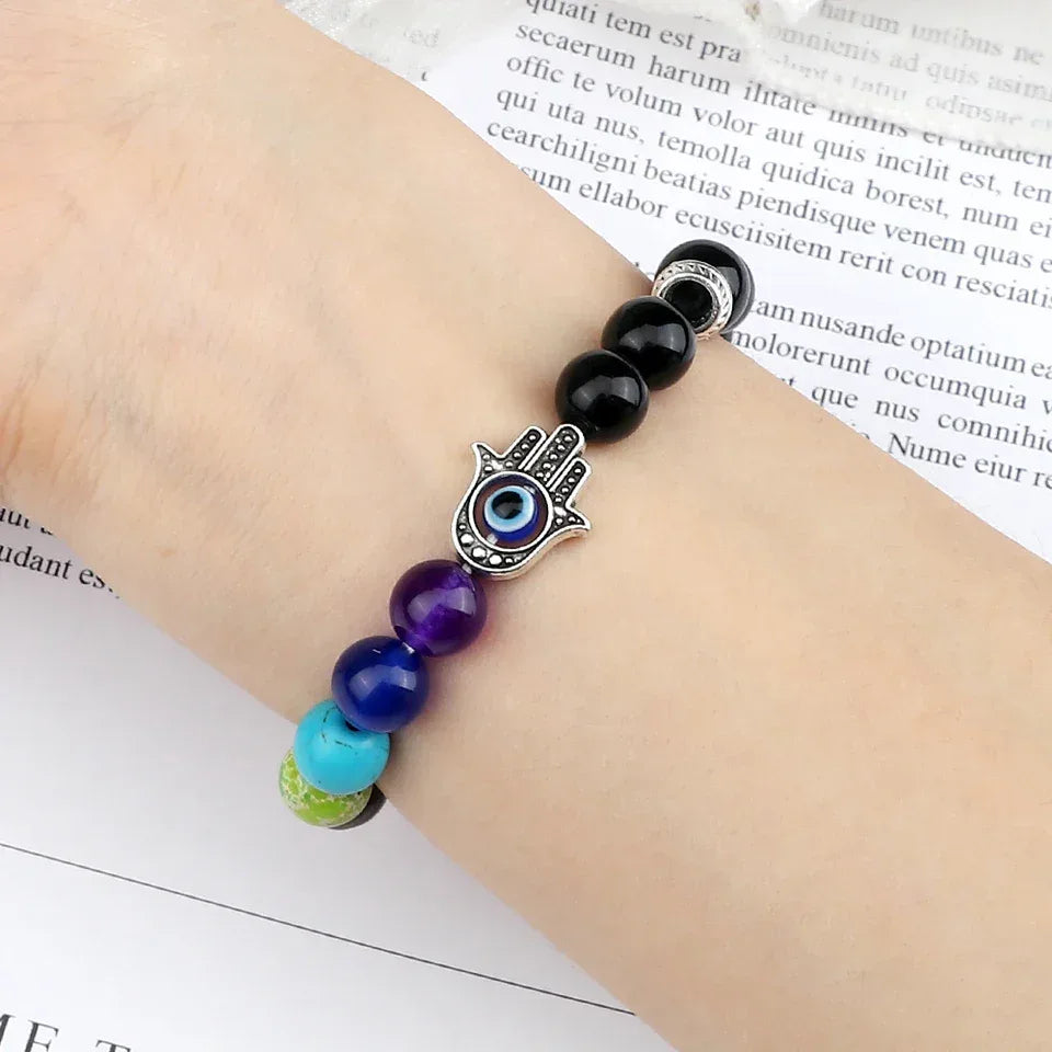 🧿 7 Chakra Protection Bracelet for Men: Natural Tiger Eye & Lava Stone with Evil Eye & Hamsa Hand – Anxiety Relief, Luck & Energy Healing Bangle