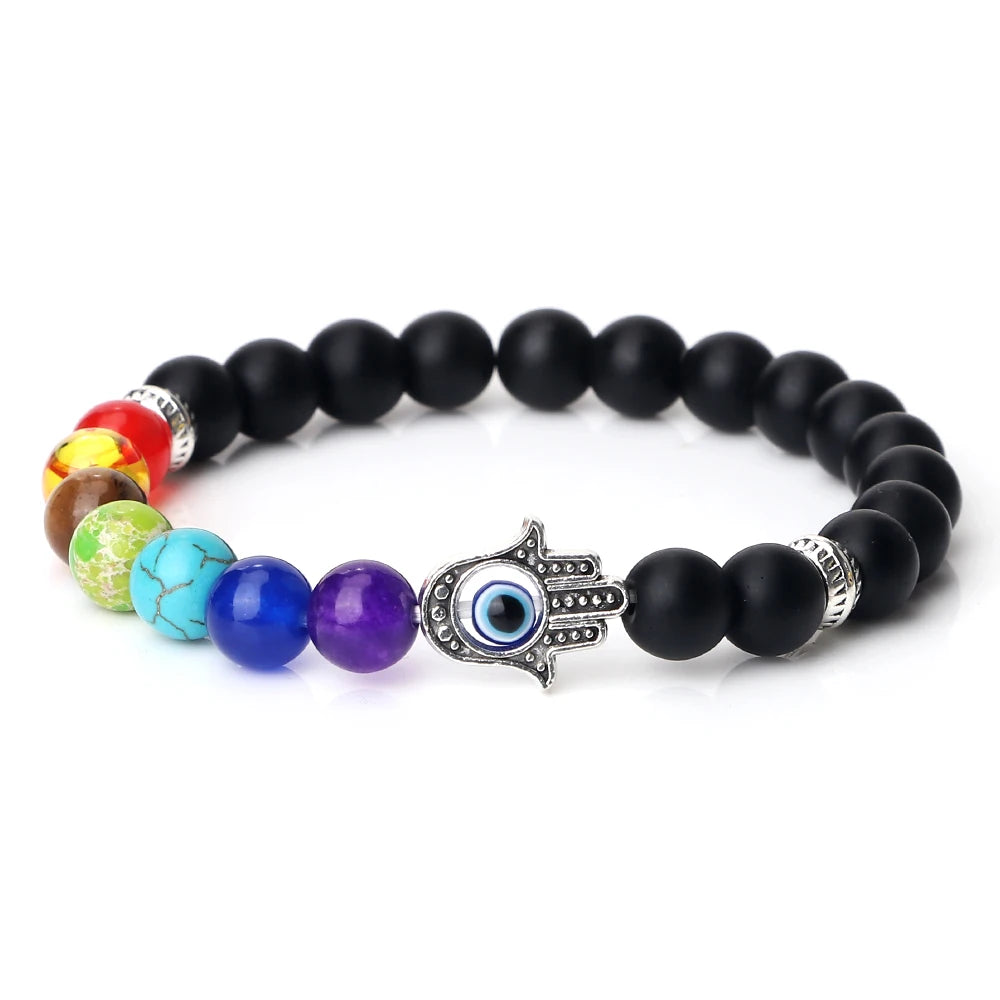 🧿 7 Chakra Protection Bracelet for Men: Natural Tiger Eye & Lava Stone with Evil Eye & Hamsa Hand – Anxiety Relief, Luck & Energy Healing Bangle Matte Black