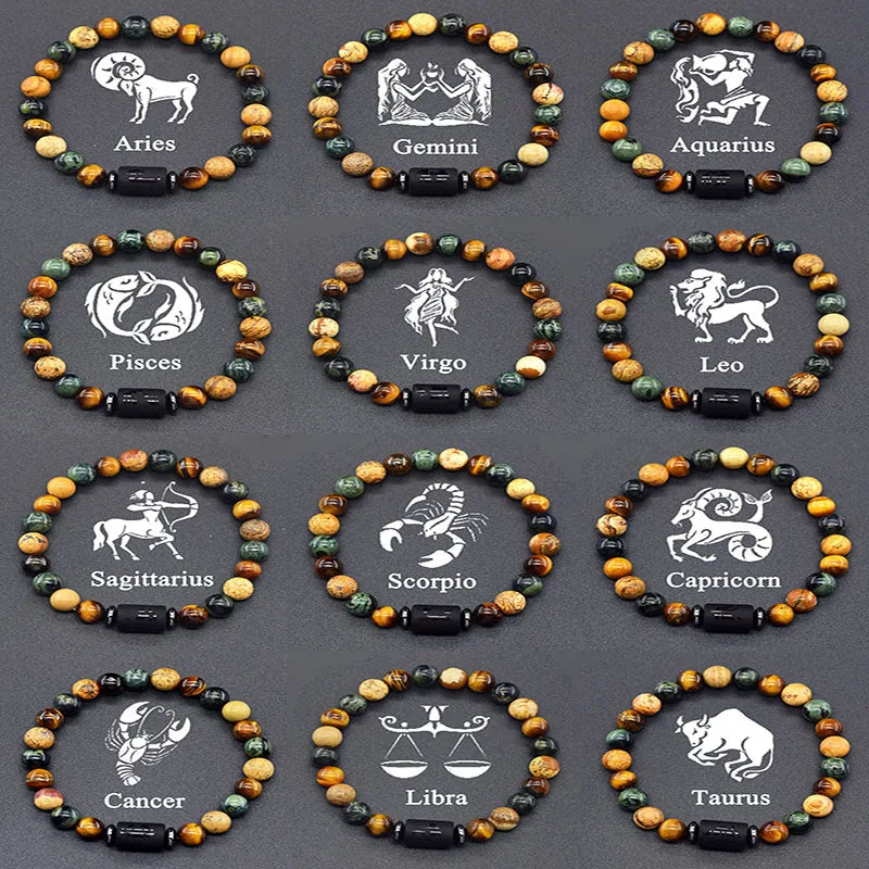 ✨ 12 Zodiac Constellation Signs Bracelet – Tiger Eye & Sparrow Picture Stone Beads – Virgo Charm Couple Jewelry for Men & Women