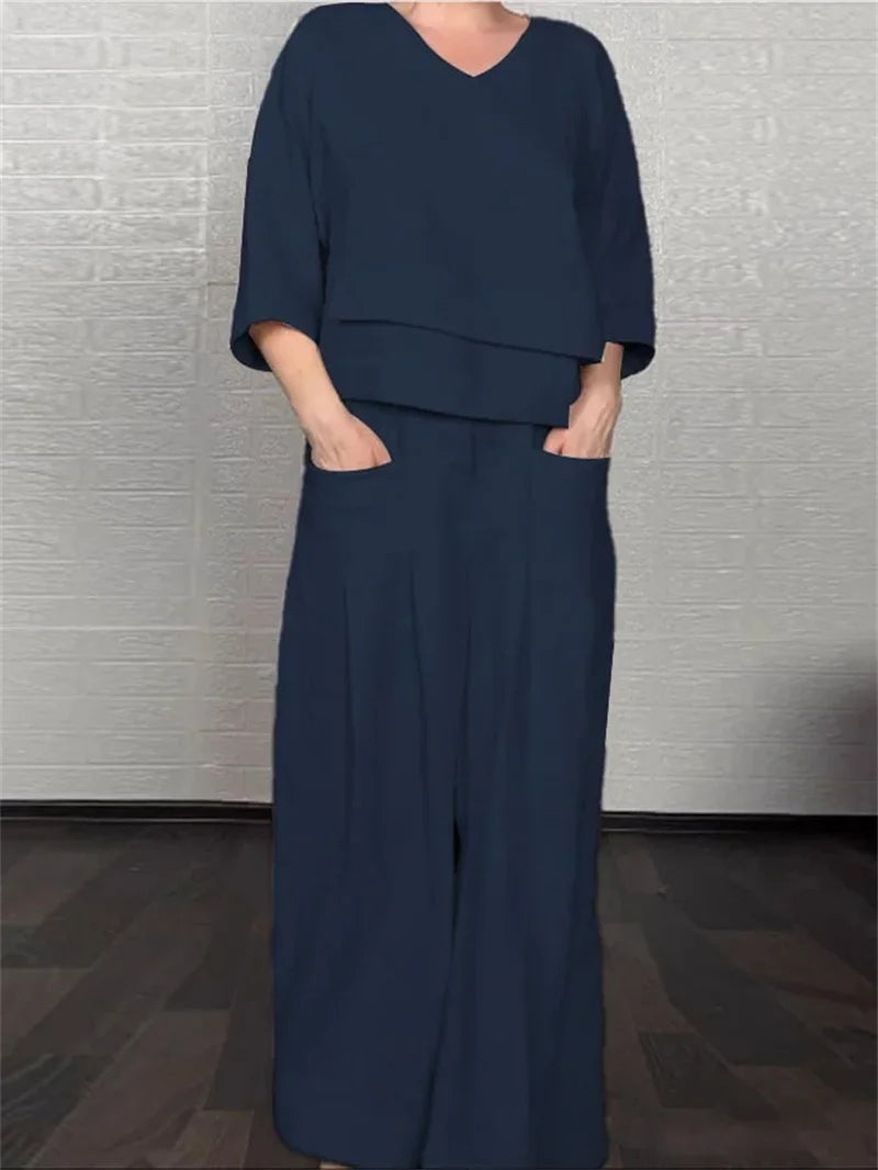 🌿 The Ethereal Asymmetry Set: Premium Women’s 2-Piece Cotton-Linen Ensemble – Avant-Garde Asymmetric Tunic, Three-Quarter Sleeve Comfort, High-Waist Wide-Leg Trousers, and Sophisticated Breathable Summer Lounge Set (S-3XL) Navy blue