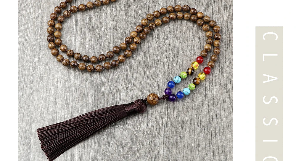 🌳 7 Chakra Wooden Japamala Necklace: Vintage Tree of Life 108 Bead Mala – Meditation, Yoga & Prayer Rosary with Healing Tassel
