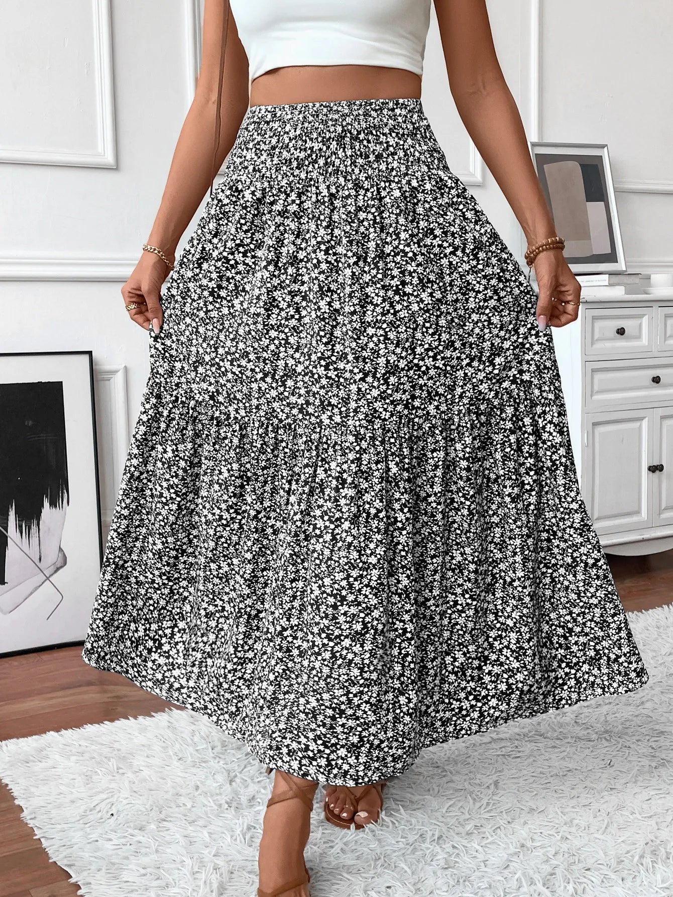 🌟 Women New Classic Printed Skirt Retro High Waist Long Skirt Casual Stylish Loose Beach Skirt Elegant Ladies Floral Pleated Skirt﻿