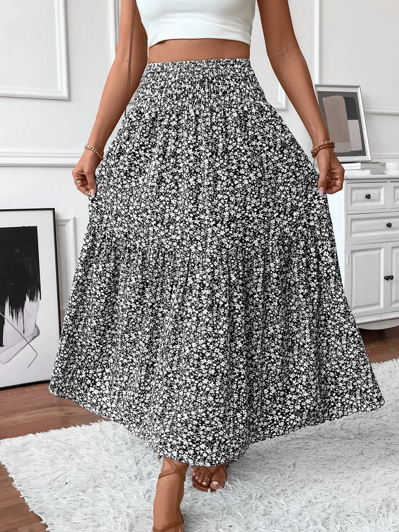 Women Floral Pleated Skirt – Retro High Waist Long Skirt for Stylish Casual Beach Wear