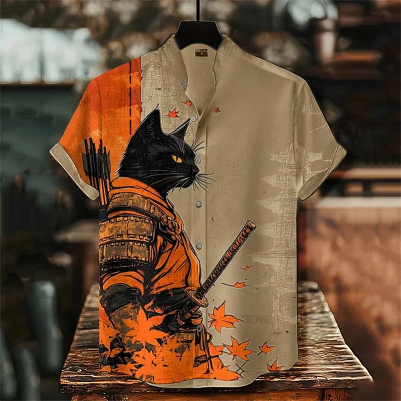 ⚔️ The Neko-Warrior Heritage: Premium Men’s 3D Samurai Cat Linen Shirt – High-Definition Plum Blossom Graphic Print, Breathable Organic Cotton-Linen Blend, and Sophisticated Harajuku-Inspired Summer Button-Down ML658