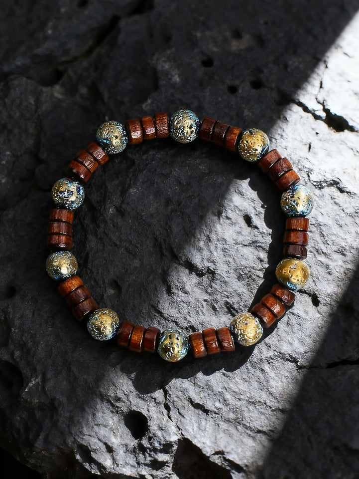 ✨ Natural Volcanic Stone Bracelet for Men – Light Blue Lava Beads & Handmade Retro Wood Beads – Vigour, Protection & Calmness Jewelry