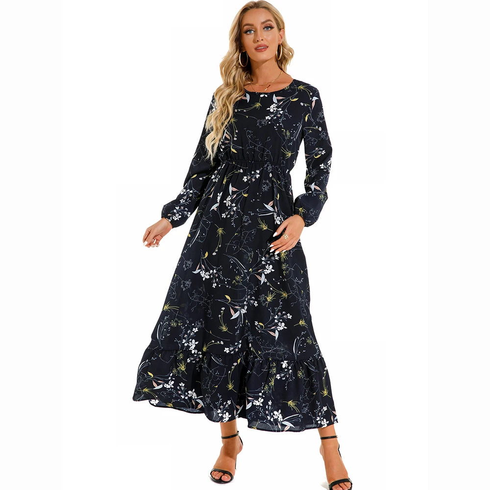 👗 Women’s Bohemian Maxi Dress – Spring Autumn Casual Chiffon Dress with Full Sleeves, High Waist, and Floral Print