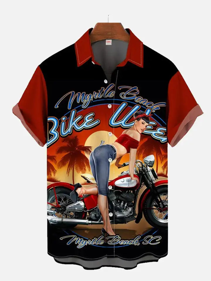 🎸 The Golden Era Edition: Premium Men’s 1970s-1980s Retro Pin-Up Hawaiian Shirt – High-Definition Vintage Poster Graphic, Classic Muscle Car & Cowgirl Aesthetic, Breathable Harajuku Streetwear, and Sophisticated Urban-Holiday Short-Sleeve (S-5XL)