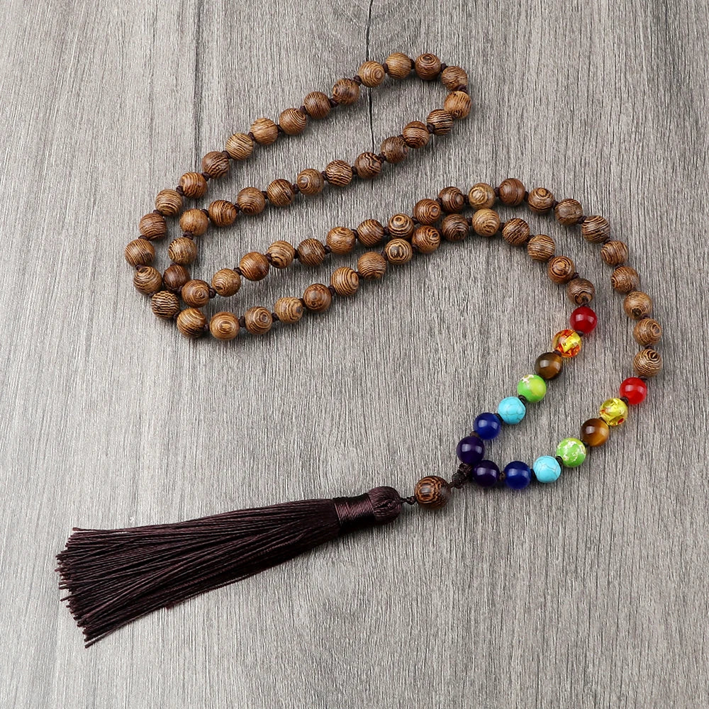 🌳 7 Chakra Wooden Japamala Necklace: Vintage Tree of Life 108 Bead Mala – Meditation, Yoga & Prayer Rosary with Healing Tassel 8mm 7 Chakra