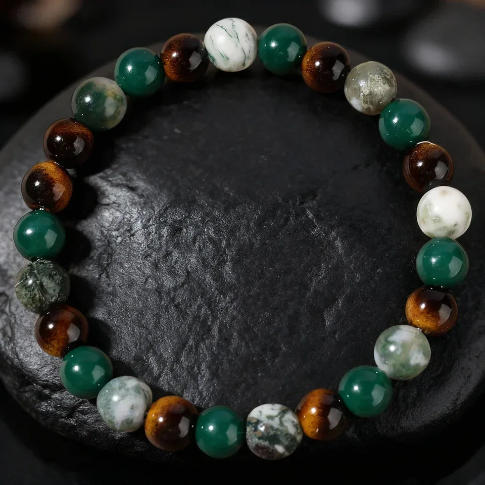 ✨ Minimalist Winter Accessories – Green and Yellow Tiger Eye & Agate Beaded Bracelet – Elegant Family Bar Jewelry for Daily Outfits