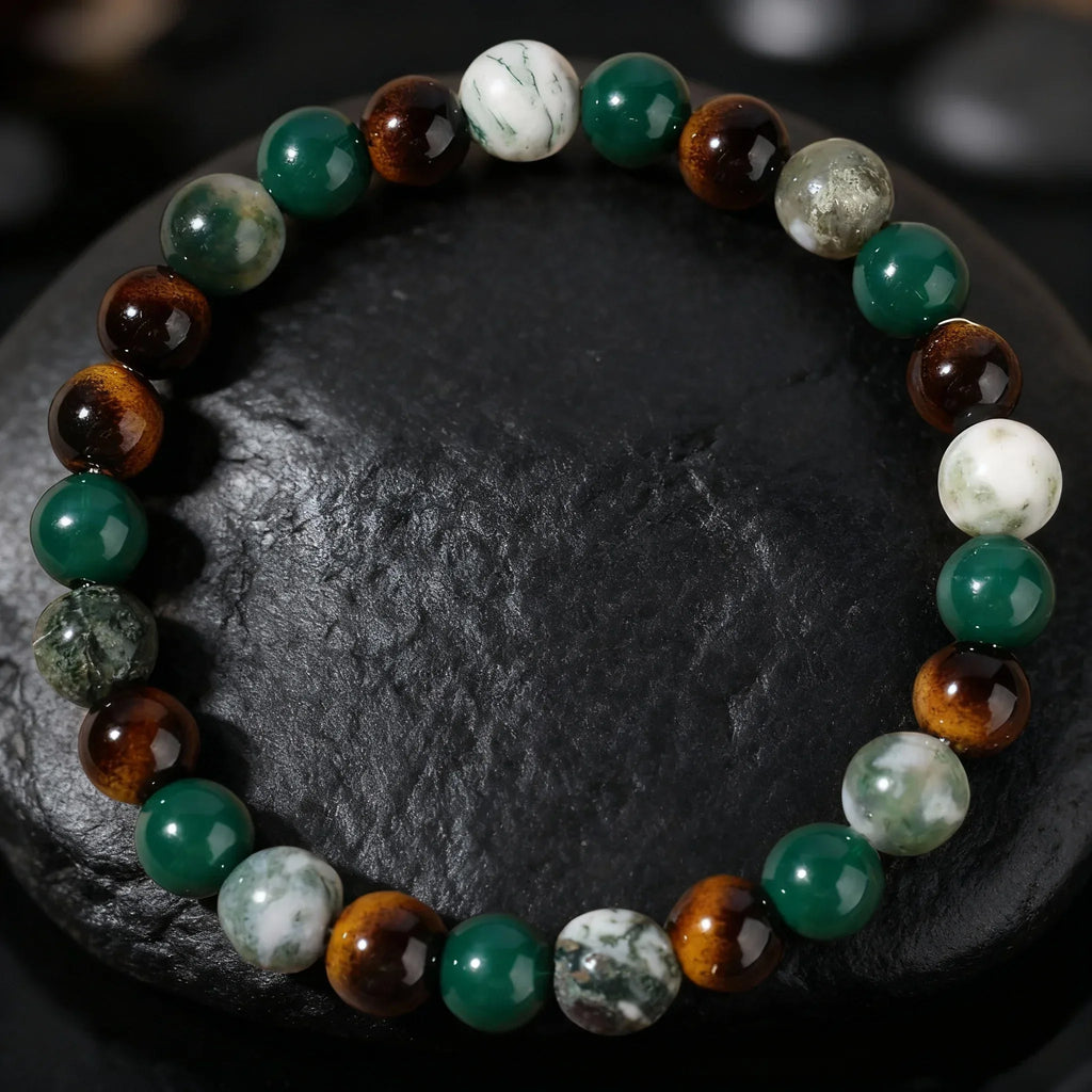 ✨ Minimalist Winter Accessories – Green and Yellow Tiger Eye & Agate Beaded Bracelet – Elegant Family Bar Jewelry for Daily Outfits