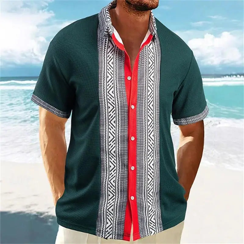 🌍 The Ethno-Block 3D Masterpiece: Premium Men’s Ethnic Color-Block Shirt – High-Definition Digital Print, Breathable Short-Sleeve Button-Down (Hemd Herren), and Sophisticated Resort Silhouette