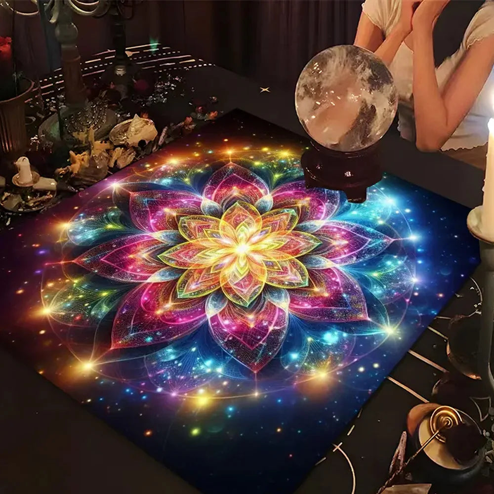 🃏 Colorful Flower of Life Tarot Tablecloth – Mandala Celestial Energy Altar Cloth for Astral Divination, Tarot Mat & Mystical Home Decor TLB (875)