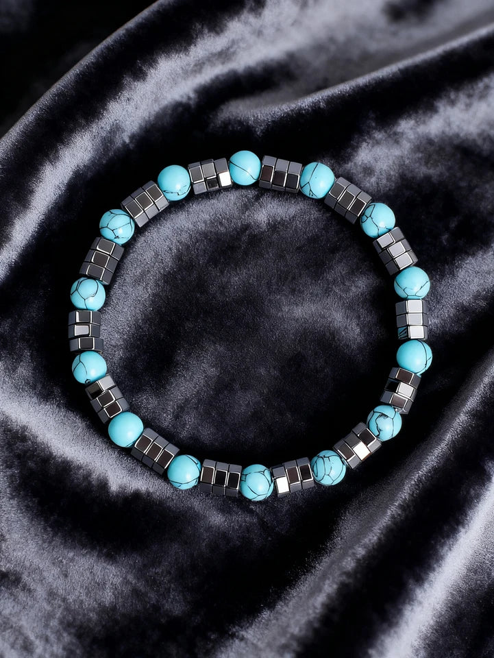 ✨ Hematite & Turquoise Bracelet – Geometric Irregular Natural Stone Beads – Strength, Confidence & Vigour Crystal Jewelry