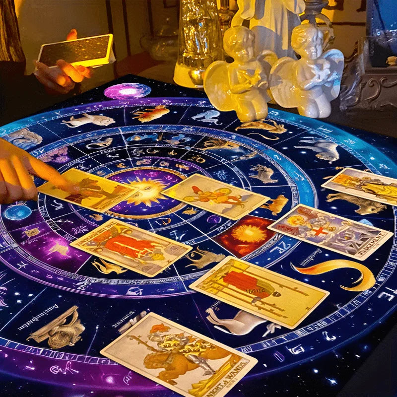 🃏 VIKAMA Astrological Magic Tablecloth – Glowing Sun & Twelve Zodiac Signs Round Altar Cloth for Tarot Readings, Astrology Rituals & Mystic Home Decor