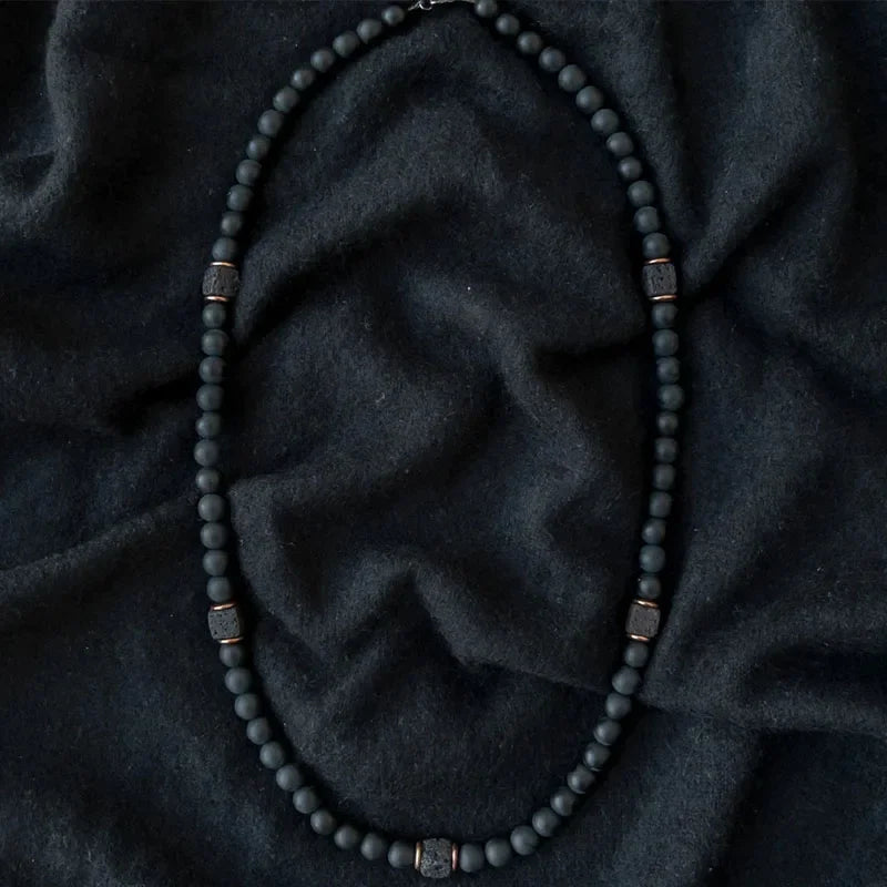 ✨ Men’s Gemstone Necklace – Black Agate & Hematite Cube Beads – Bold Style and Spiritual Protection